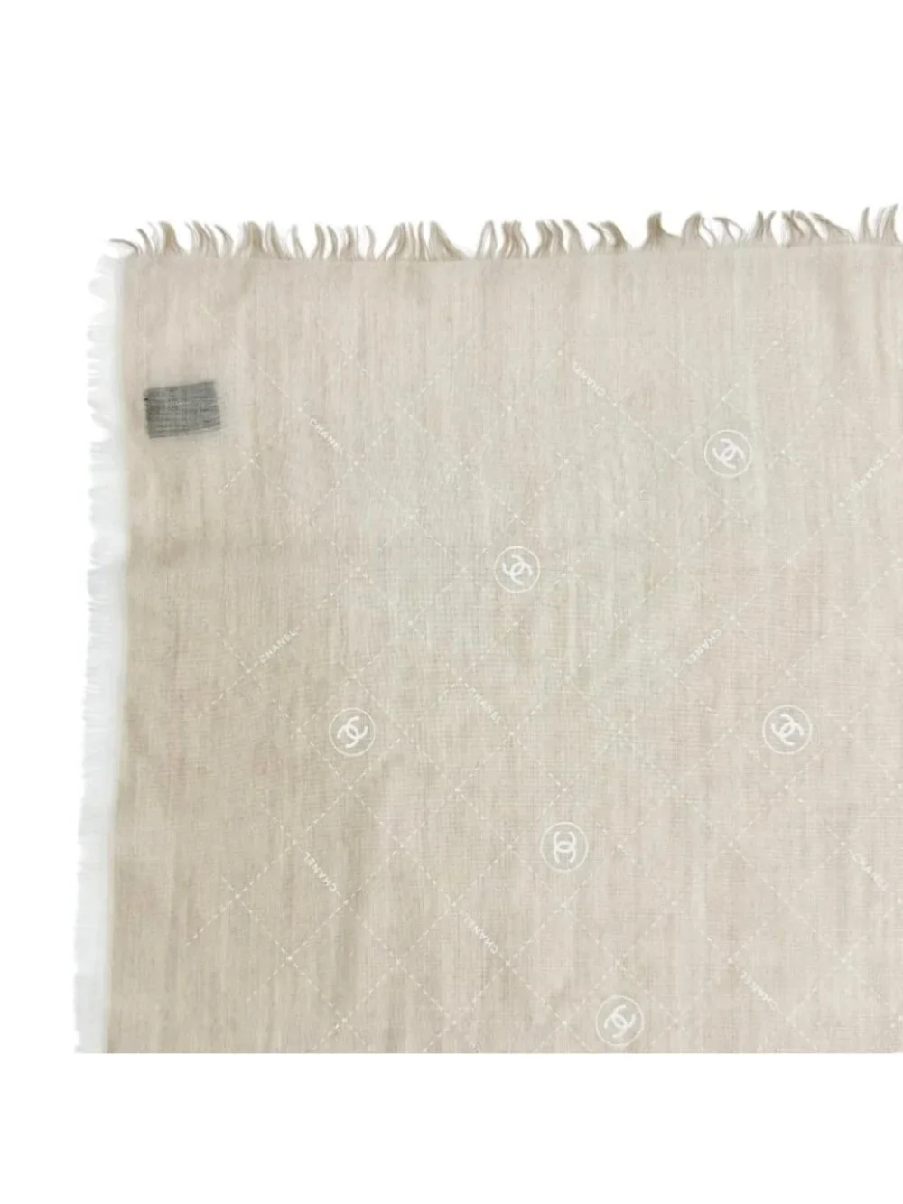 Chanel Cashmere Silk CC Logo Quilted Pattern Mini Fringe Shawl Beige Ivory Scarf